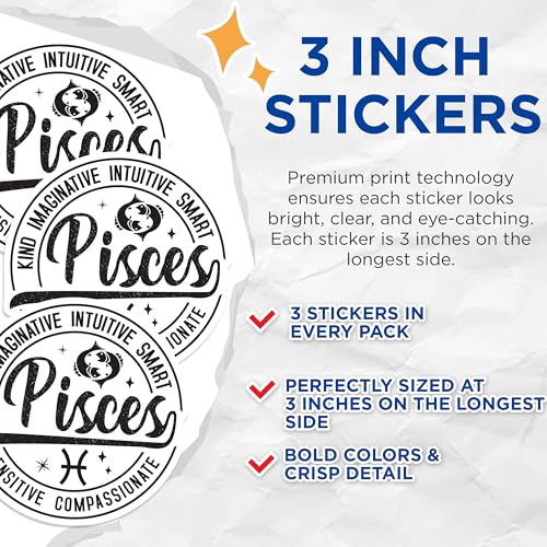 (3 Pack) Pisces Zodiac Decals - Astrology Sign - Laptop Decal - 3 Inches On Longest Side - Easy Peel & Apply - Made in USA - 3MCS4029