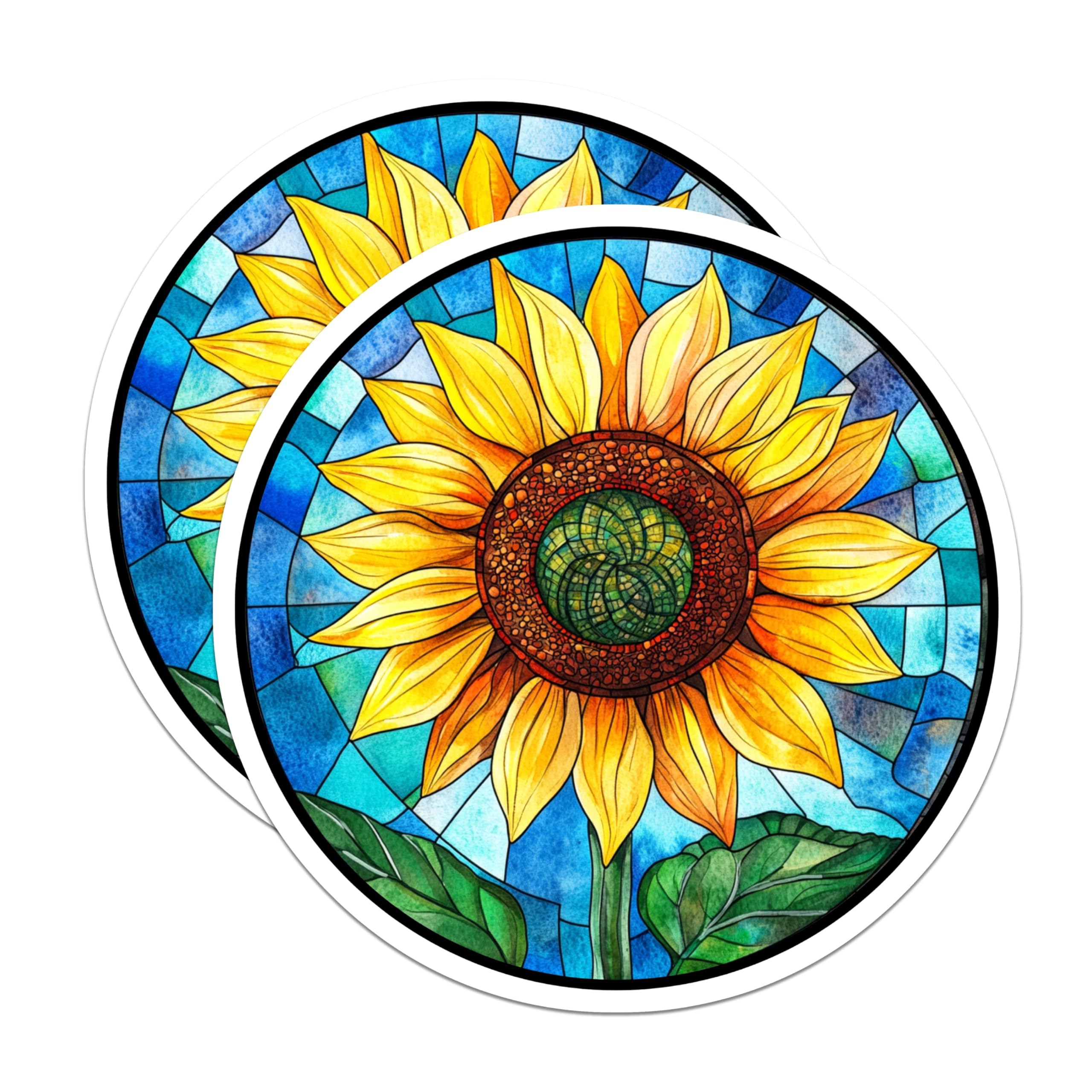 (2 Pack) Stained Glass Sunflower Magnets - Vibrant Floral Kitchen Decor - Faux Window Art Refrigerator Magnets - 5 Inches On Longest Side - Thick Durable Magnet - Made in USA - MAG29049