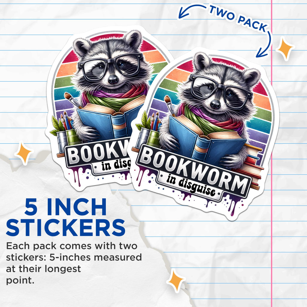 (2 Pack) Bookworm in Disguise Stickers - Cute Raccoon Stickers - Reading Stickers for Book Lovers and Kids - 5" On Longest Side - Sticks to Smooth Flat Surfaces - Made in USA - BMCS4537