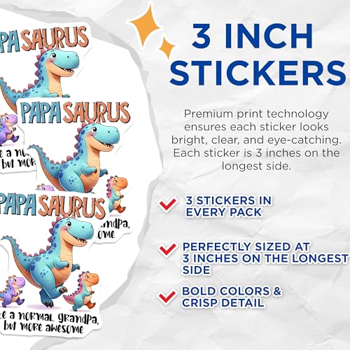 (3 Pack) Papa Saurus Decals - Dinosaur Dad - Awesome Grandpa Decals - 3 Inches On Longest Side - Easy Peel & Apply - Made in USA - 3MCS6237