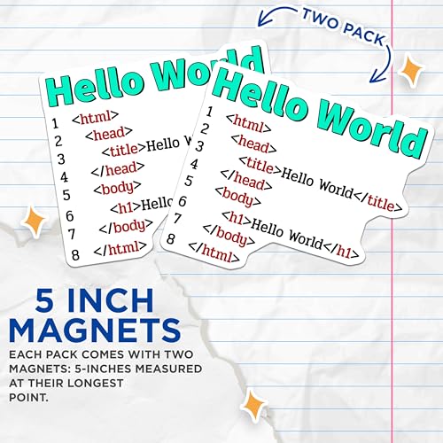 (2 Pack) Hello World HTML Code Magnets - Programming Decor - Developer Gifts - Tech Enthusiast Accessories - 5" On Longest Side - for Cars, Fridges, Toolboxes - Made in USA - MAG7435