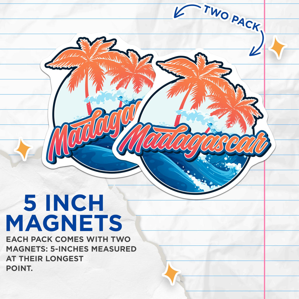 (2 Pack) Madagascar Island Magnets - Tropical Palm Tree Beach Scene - Ocean Wave Travel Souvenir Refrigerator Art - 5 Inches On Longest Side - Thick Durable Magnet - Made in USA - MAG19086
