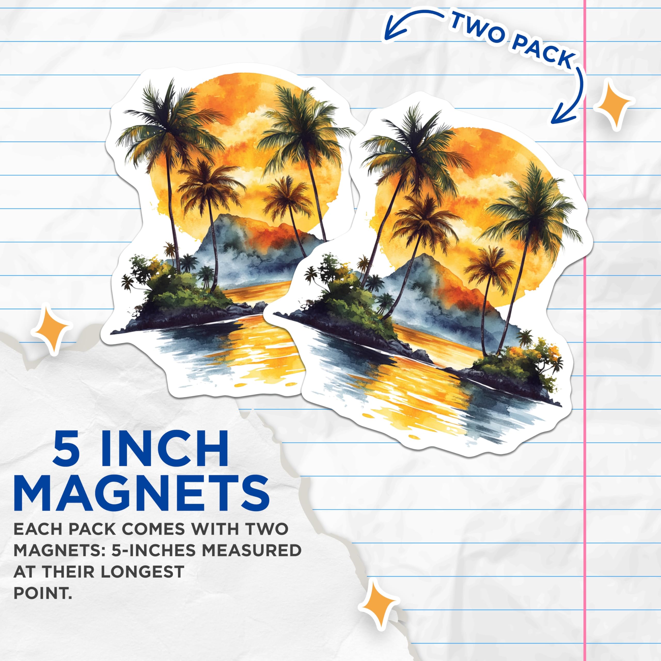 (2 Pack) Tropical Sunset Palm Tree Magnets - Island Beach Art - Watercolor Ocean Scene - Vacation Decor - 5 Inches On Longest Side - Thick Durable Magnet - Made in USA - MAG28476