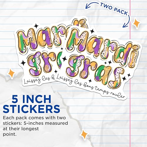 (2 Pack) Mardi Gras Stickers - Laissez Les Bon Temps Rouler - Festive Celebration - New Orleans Decor - 5" On Longest Side - Sticks to Smooth Flat Surfaces - Made in USA - BMCS6378