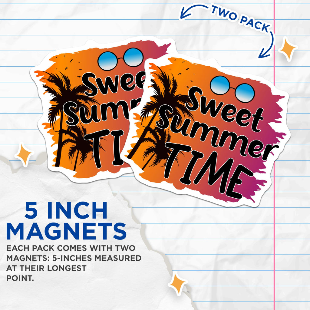 (2 Pack) Sweet Summer Time Magnets - Tropical Beach Vacation Decor - Palm Trees Sunglasses Sunset Scene - 5 Inches On Longest Side - Thick Durable Magnet - Made in USA - MAG22454
