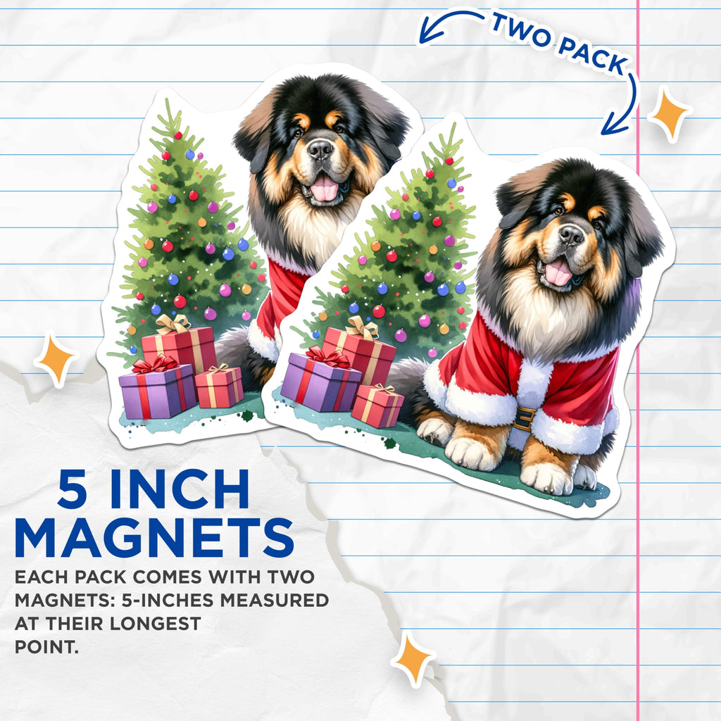(2 Pack) Santa Dog Magnets - Christmas Tibetan Mastiff Decor - Pet Lover Fridge Accents - 5 Inches On Longest Side - Thick Durable Magnet - Made in USA - MAG29571