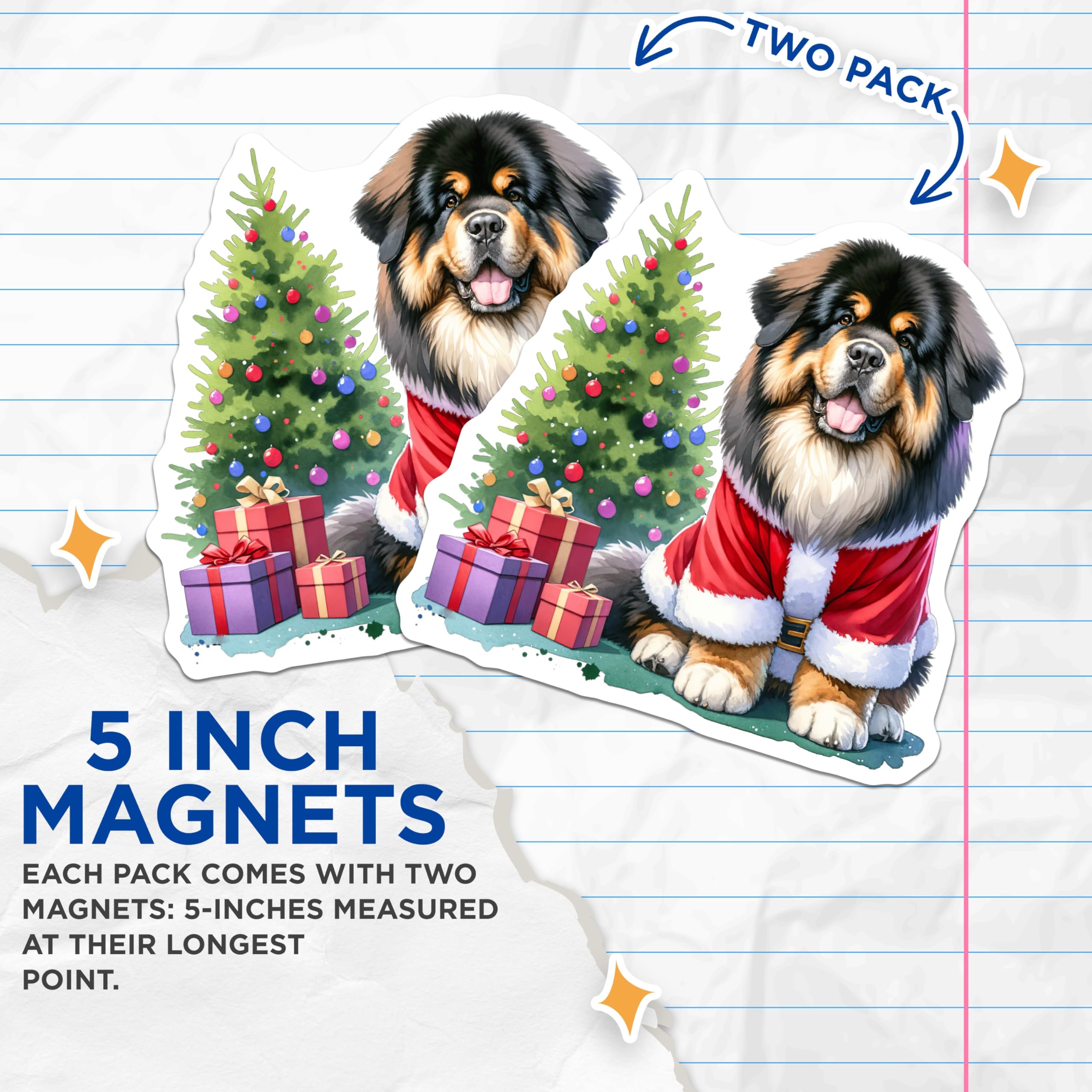 (2 Pack) Santa Dog Magnets - Christmas Tibetan Mastiff Decor - Pet Lover Fridge Accents - 5 Inches On Longest Side - Thick Durable Magnet - Made in USA - MAG29571