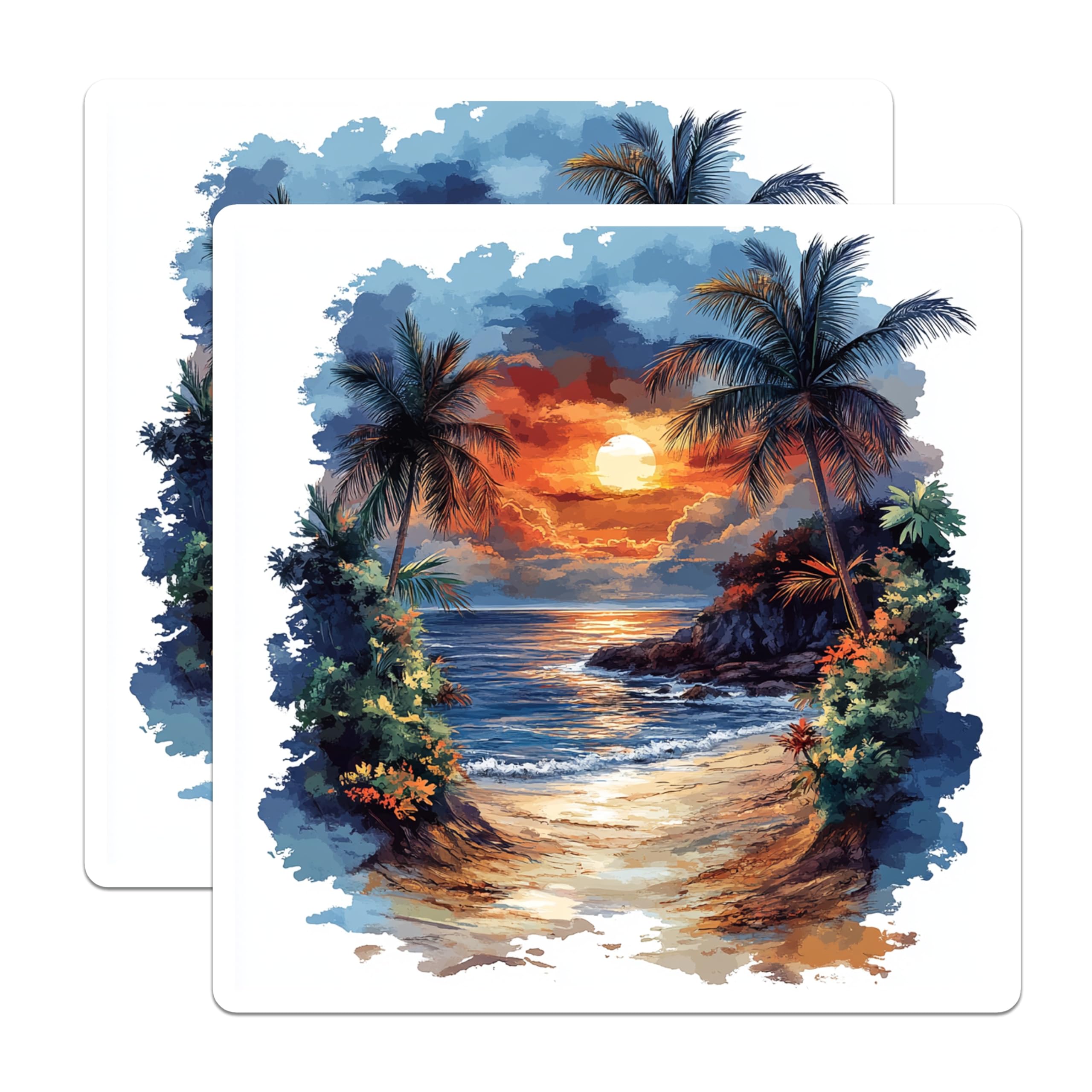 (2 Pack) Tropical Sunset Magnets - Palm Tree Beach Scene - Ocean Waves Home Decor - 5 Inches On Longest Side - Thick Durable Magnet - Made in USA - MAG25859