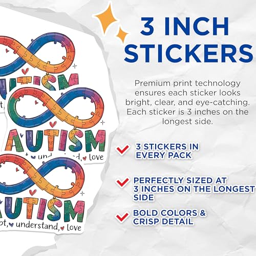 (3 Pack) Autism Awareness Decals - Puzzle Ribbon Symbol - Accept Understand Love - 3 Inches On Longest Side - Easy Peel & Apply - Made in USA - 3MCS8605