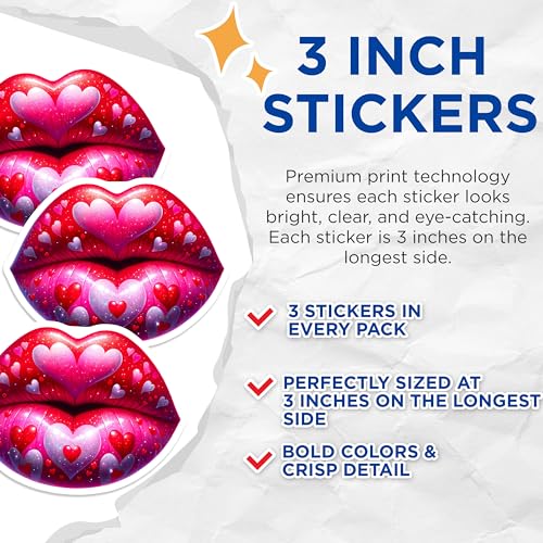 (3 Pack) Lips Heart Decals - Valentines Lips - Love Hearts Stickers - 3 Inches On Longest Side - Easy Peel & Apply - Made in USA - 3MCS2168