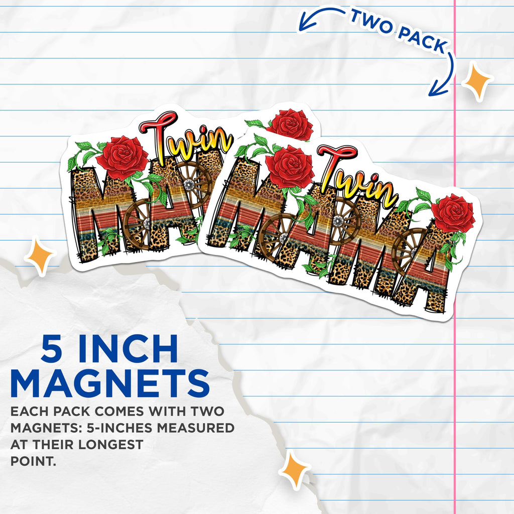 (2 Pack) Twin Mama Magnets - Leopard Print - Serape Rose Country Mom Decor - 5 Inches On Longest Side - Thick Durable Magnet - Made in USA - MAG30353