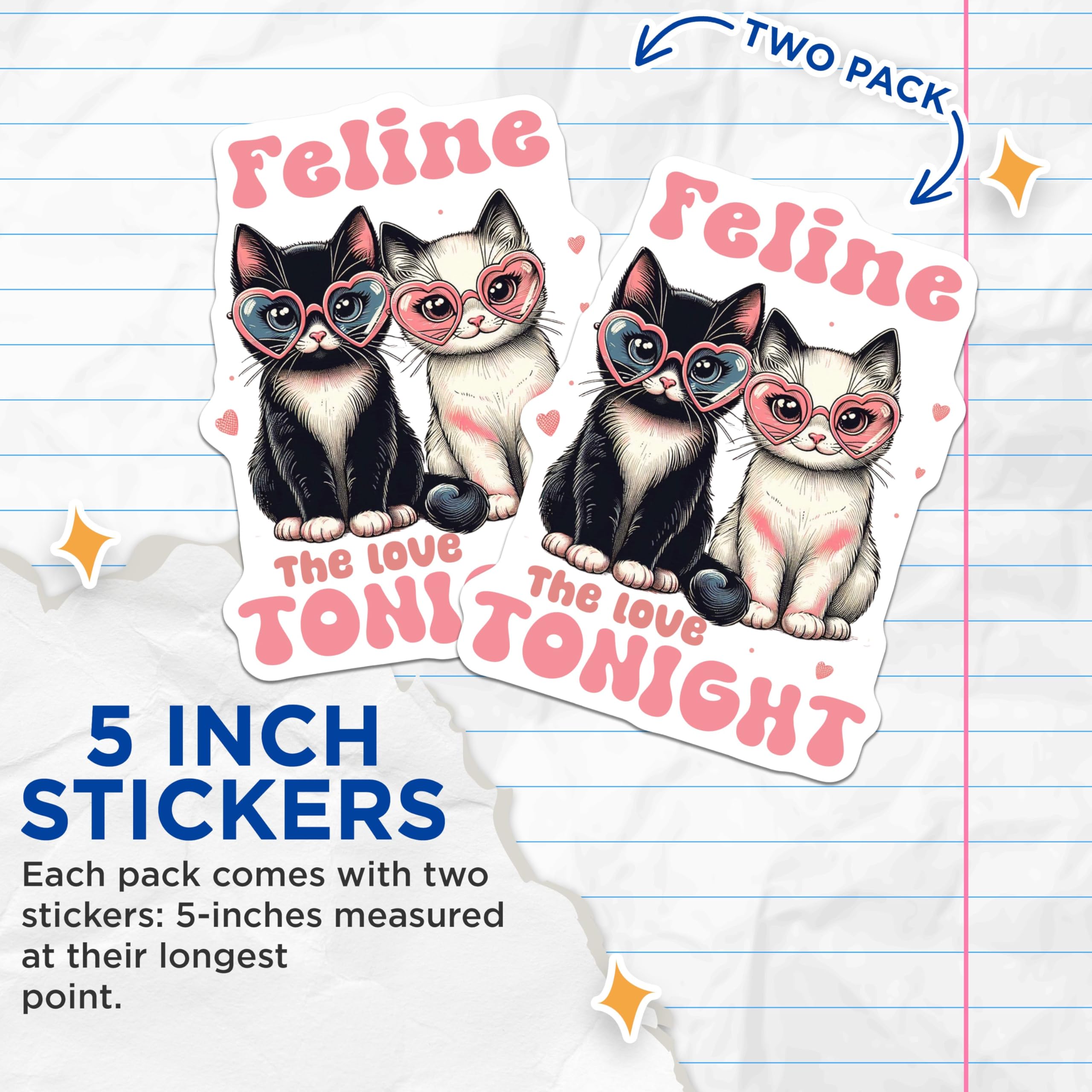 (2 Pack) Feline The Love Tonight Stickers - Cute Cat Stickers - Heart Sunglasses Stickers - 5" On Longest Side - Sticks to Smooth Flat Surfaces - Made in USA - BMCS4393