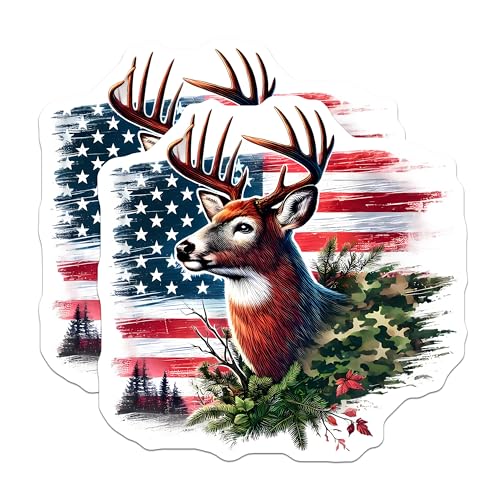 (2 Pack) Deer Head Stickers - American Flag Background - Camouflage Wildlife Art - 5" On Longest Side - Sticks to Smooth Flat Surfaces - Made in USA - BMCS9830