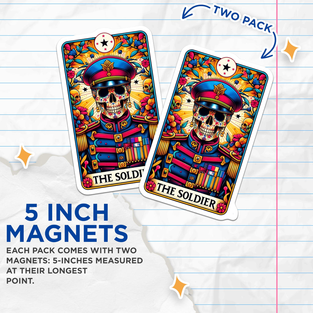 (2 Pack) Soldier Day of Dead Magnets - Military Calavera Skull Art - Vibrant Dia de Los Muertos - 5 Inches On Longest Side - Thick Durable Magnet - Made in USA - MAG27199