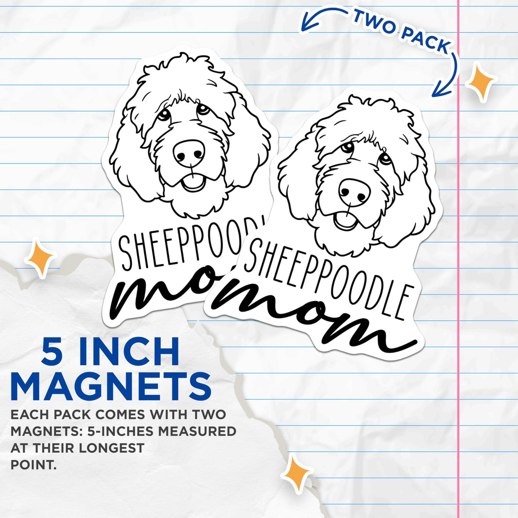 (2 Pack) SheepPoodle Mom Magnets - Curly Haired Dog Parent - Doodle Breed Canine Lover - Cute Pet Owner Refrigerator Decor - 5 Inches On Longest Side - Thick Durable Magnet - Made in USA - MAG27039