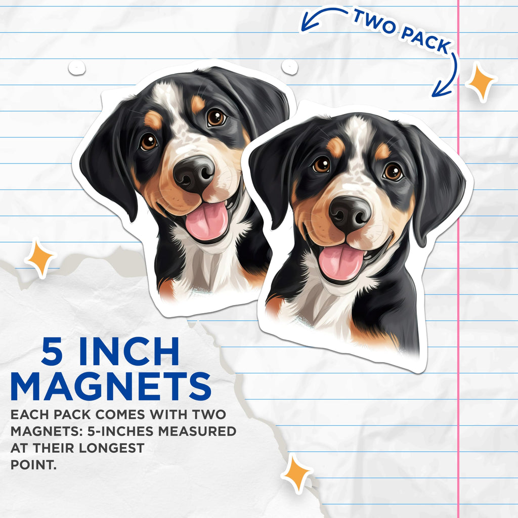 (2 Pack) Greater Swiss Mountain Dog Magnets - Swissy Puppy Decor - Happy Canine Art - Pet Enthusiast Accessories - 5 Inches On Longest Side - Thick Durable Magnet - Made in USA - MAG24031