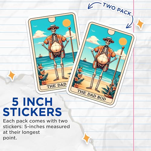 (2 Pack) Skull Dad BOD Stickers - Funny Dad Skeleton Stickers - Fathers Day Beach Stickers - 5" On Longest Side - Sticks to Smooth Flat Surfaces - Made in USA - BMCS5378