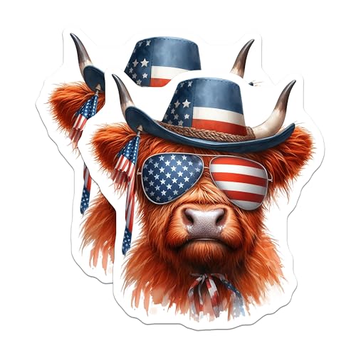 (2 Pack) Patriotic Cow Stickers - American Flag Cow - 4th of July Stickers - Animal Lover Stickers - Cute Cow Stickers - 5" On Longest Side - Sticks to Smooth Flat Surfaces - Made in USA - BMCS6356