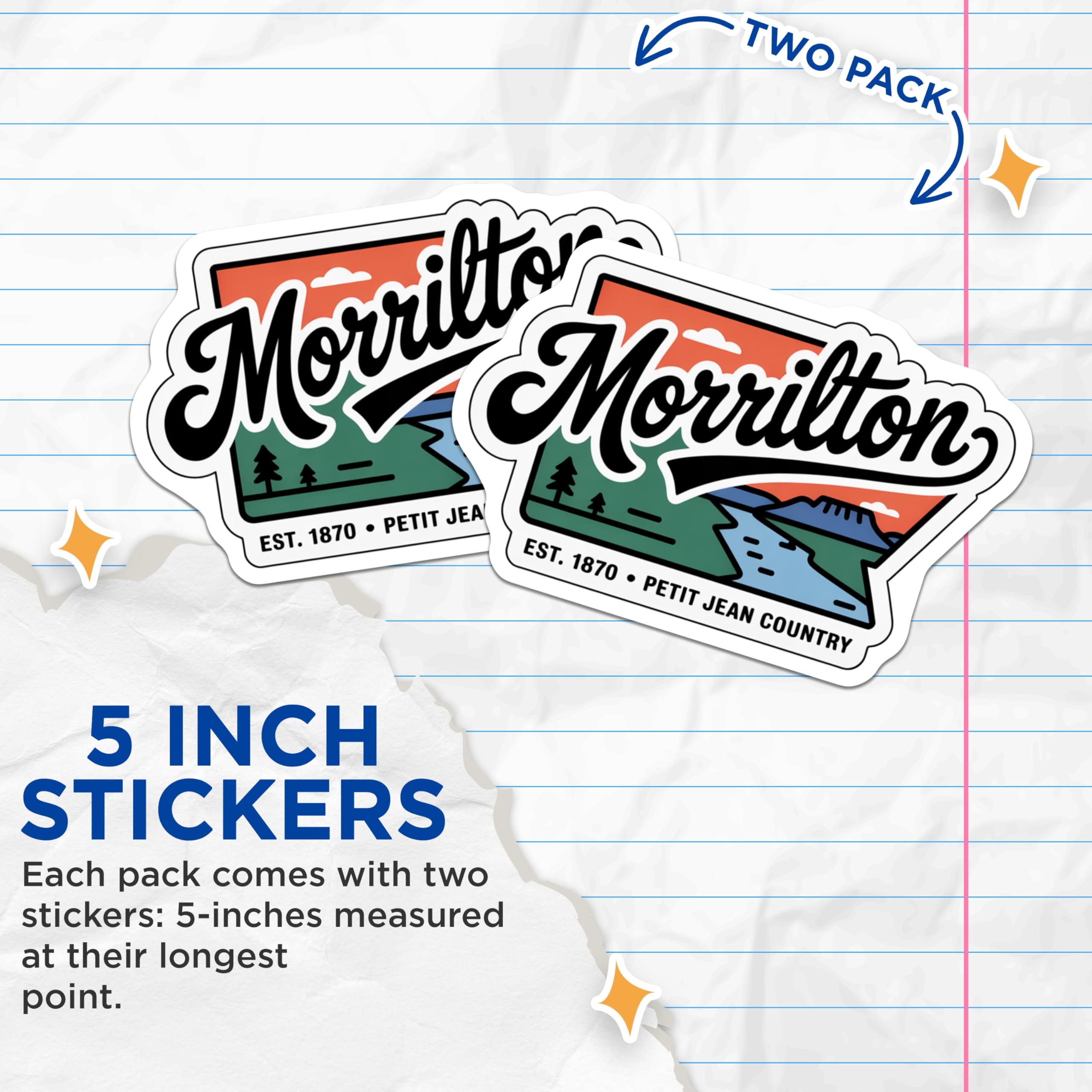 (2 Pack) Morrilton Stickers - Petit Jean Country - Arkansas Travel Stickers - 5" On Longest Side - Sticks to Smooth Flat Surfaces - Made in USA - BMCS17390