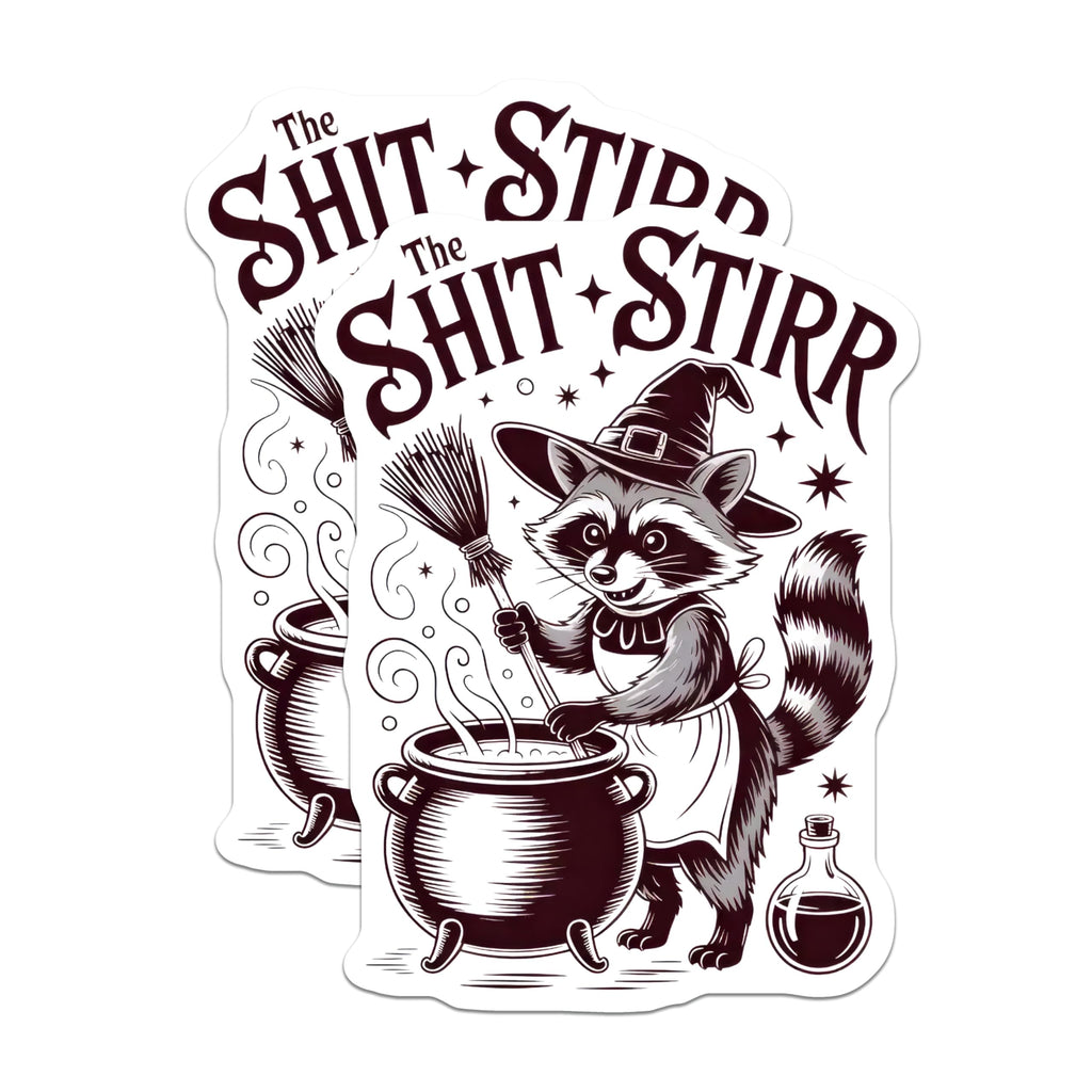(2 Pack) Shit Stirrer Raccoon Stickers - Funny Witch Decals - Mischief Maker Designs 5" On Longest Side - Sticks to Smooth Flat Surfaces - Made in USA - BMCS13212