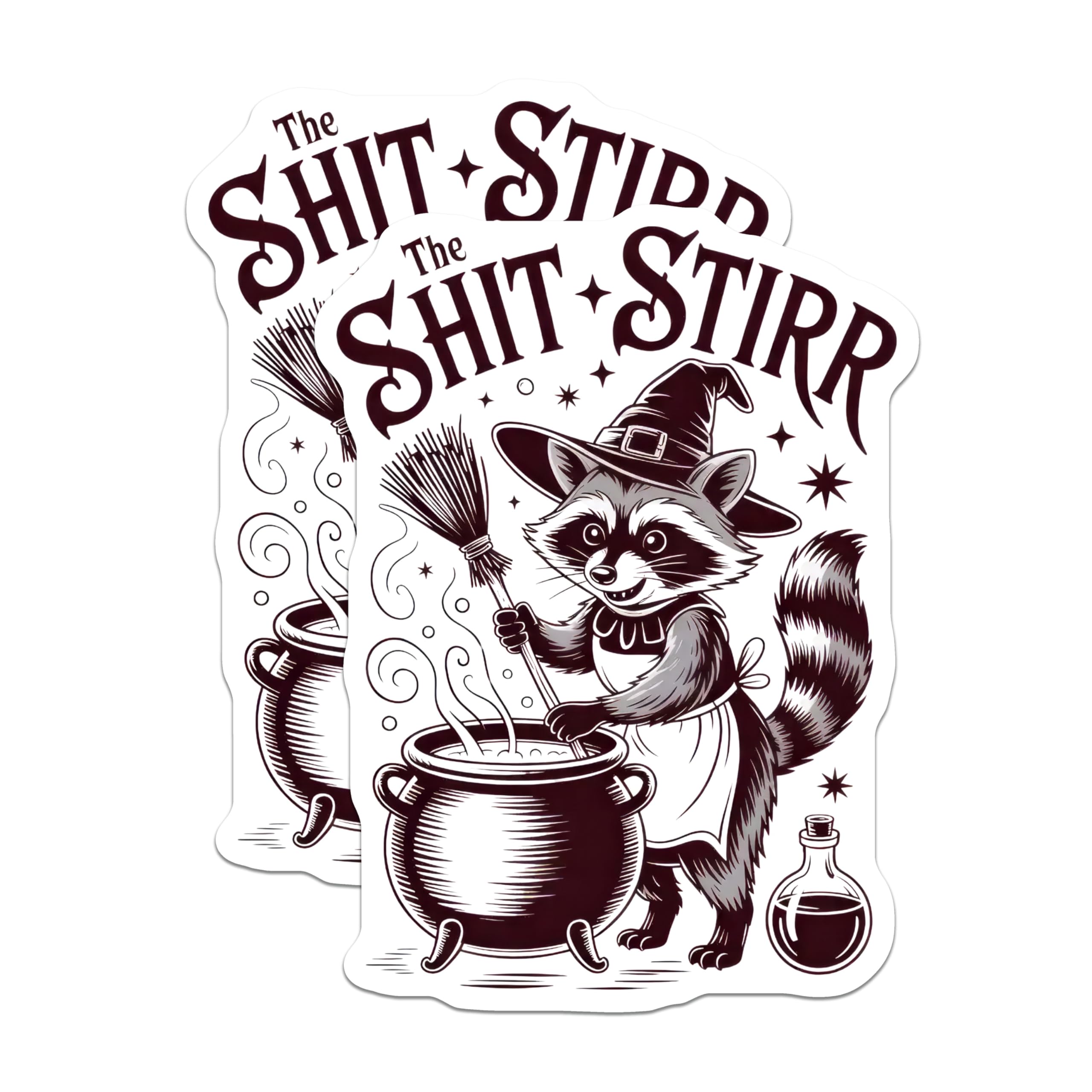 (2 Pack) Shit Stirrer Raccoon Stickers - Funny Witch Decals - Mischief Maker Designs 5" On Longest Side - Sticks to Smooth Flat Surfaces - Made in USA - BMCS13212