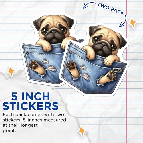 (2 Pack) Cute Pug in Pocket Stickers - Dog Lover Stickers - Funny Puppy Stickers for Notebook - 5" On Longest Side - Sticks to Smooth Flat Surfaces - Made in USA - BMCS4254