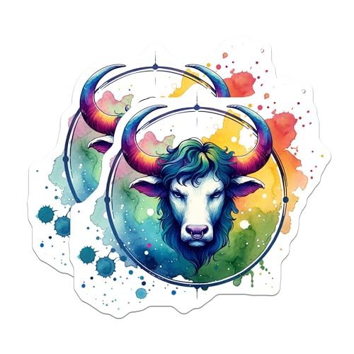 (2 Pack) Zodiac Sign Taurus Stickers - Watercolor Animal Art - Colorful Bull Head Design - 5" On Longest Side - Sticks to Smooth Flat Surfaces - Made in USA - BMCS6583