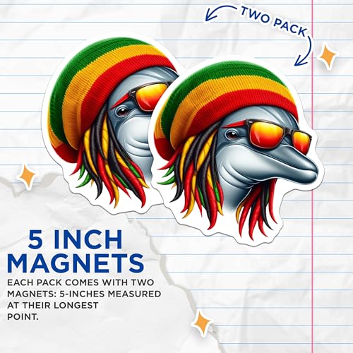 (2 Pack) Dolphin Reggae Magnets - Cool Rasta Dolphin Magnet - Fun Animal Magnets for Fridge - Funky Magnet - 5" On Longest Side - for Cars, Fridges, Toolboxes - Made in USA - MAG4381