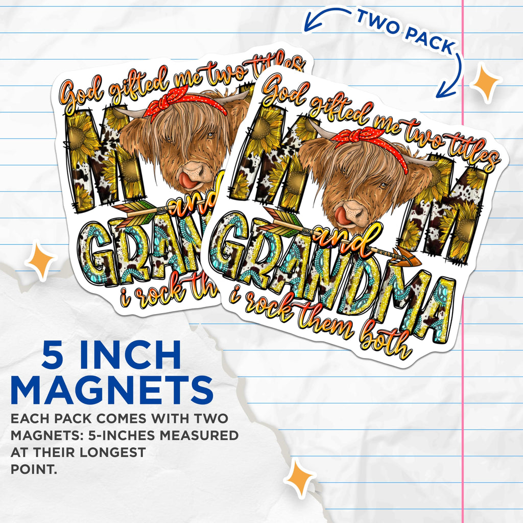 (2 Pack) Highland Cow Mom Grandma Magnets - Western Sunflower Mama Decor - Country Farmhouse Refrigerator - 5 Inches On Longest Side - Thick Durable Magnet - Made in USA - MAG30176