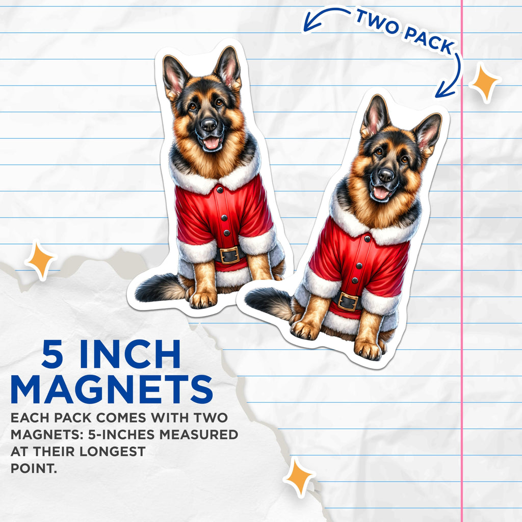 (2 Pack) German Shepherd Santa Magnets - Christmas Dog Lover - Holiday Decor for Pet Owners - 5 Inches On Longest Side - Thick Durable Magnet - Made in USA - MAG26881