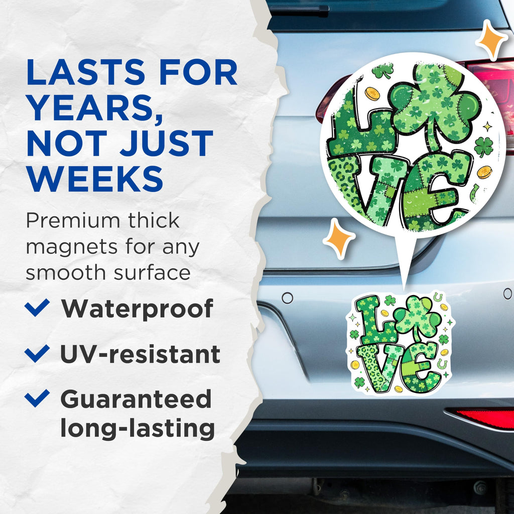 (2 Pack) St Patricks Day Magnets - Shamrock Love Design - Lucky Clover Decor - 5" On Longest Side - Premium Magnet - for Cars, Refrigerators, Toolboxes, Lockers - Made in USA - MAG16850