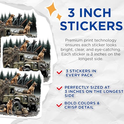 (3 Pack) Hunting Dog Decals - Camo Truck Stickers - Hunter Laptop Accessories - 3 Inches On Longest Side - Easy Peel & Apply - Made in USA - 3MCS7422