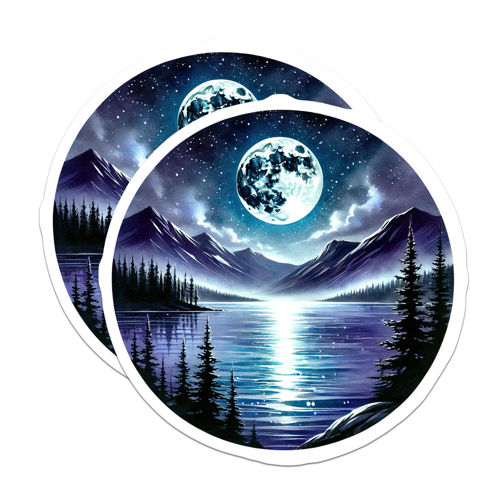 (2 Pack) Moonlight Mountain Lake Magnets - Celestial Decor - Night Scenery Fridge Magnets - 5" On Longest Side - Premium Magnet - for Cars, Refrigerators, Toolboxes, Lockers - Made in USA - MAG17636