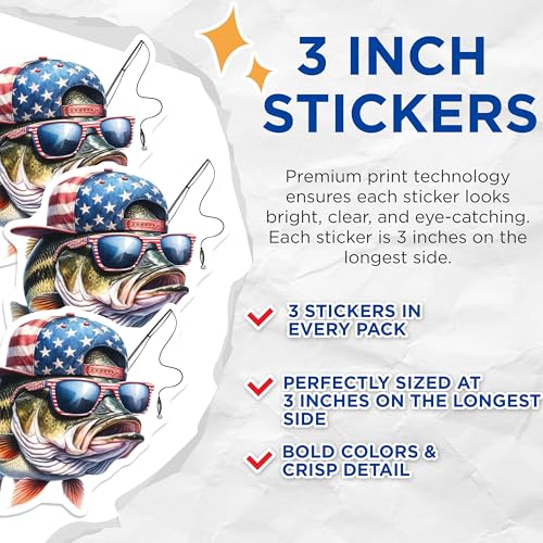 (3 Pack) Patriotic Bass Decals - Fishing Decals - American Flag Laptop Decal - 3 Inches On Longest Side - Easy Peel & Apply - Made in USA - 3MCS4749