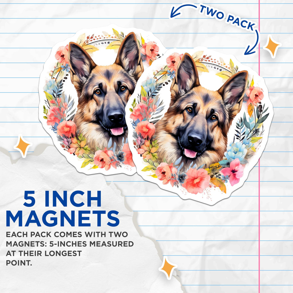 (2 Pack) German Shepherd Magnets - Floral Dog Art - Pet Parent Accessories - 5 Inches On Longest Side - Thick Durable Magnet - Made in USA - MAG26894