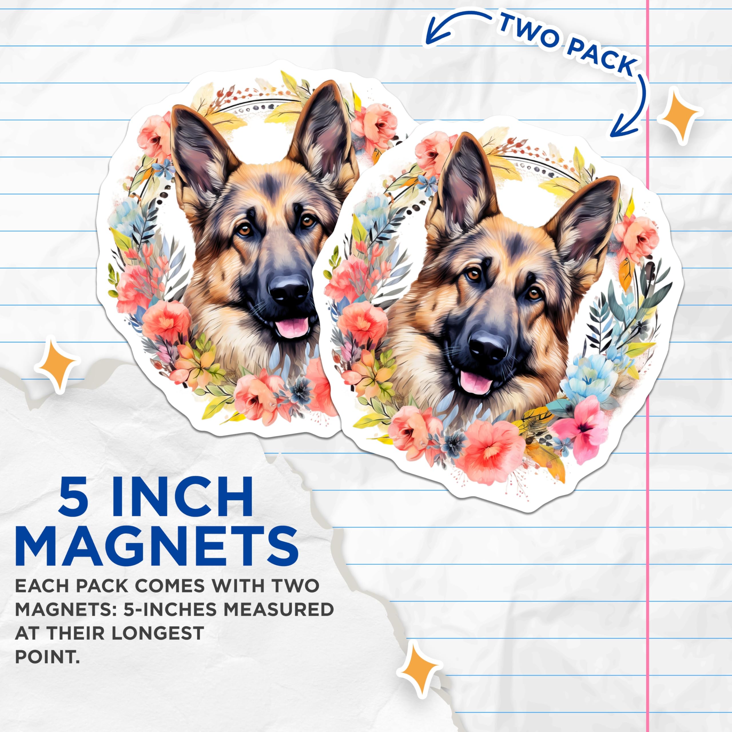 (2 Pack) German Shepherd Magnets - Floral Dog Art - Pet Parent Accessories - 5 Inches On Longest Side - Thick Durable Magnet - Made in USA - MAG26894