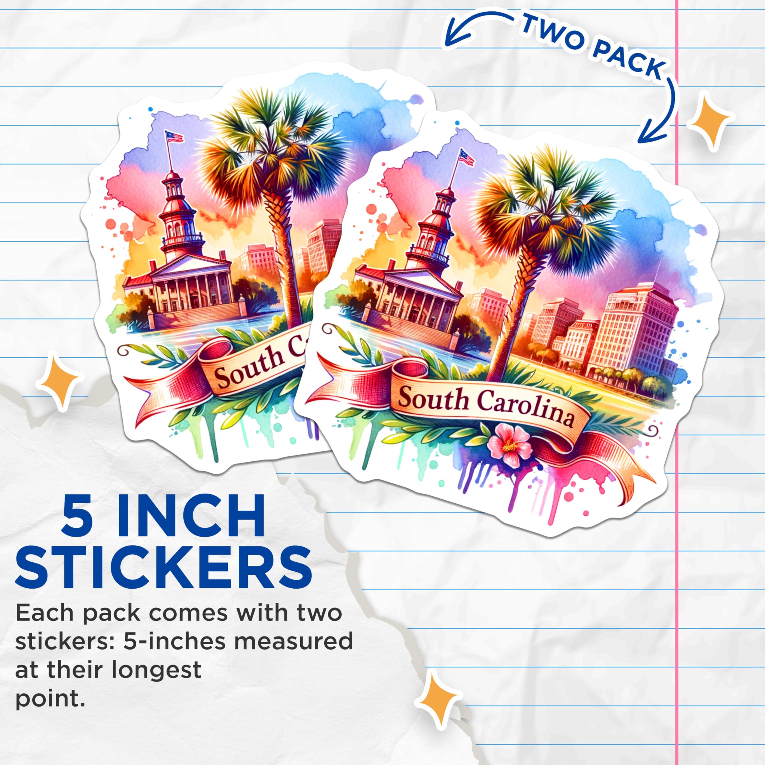 (2 Pack) South Carolina Palmetto Stickers - Vibrant Cityscape - Watercolor Illustration - 5" On Longest Side - Sticks to Smooth Flat Surfaces - Made in USA - BMCS6823