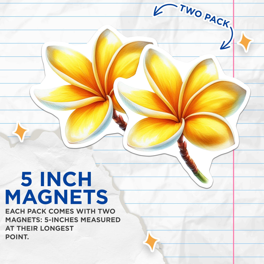 (2 Pack) Yellow Plumeria Flower Magnets - Vibrant Tropical Bloom Home Decor - Hawaiian Aesthetic Refrigerator Art - 5 Inches On Longest Side - Thick Durable Magnet - Made in USA - MAG22505