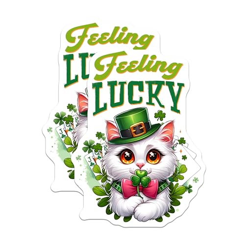 (2 Pack) Feeling Lucky Stickers - Cute Cat - St. Patrick's Day - 5" On Longest Side - Sticks to Smooth Flat Surfaces - Made in USA - BMCS8100