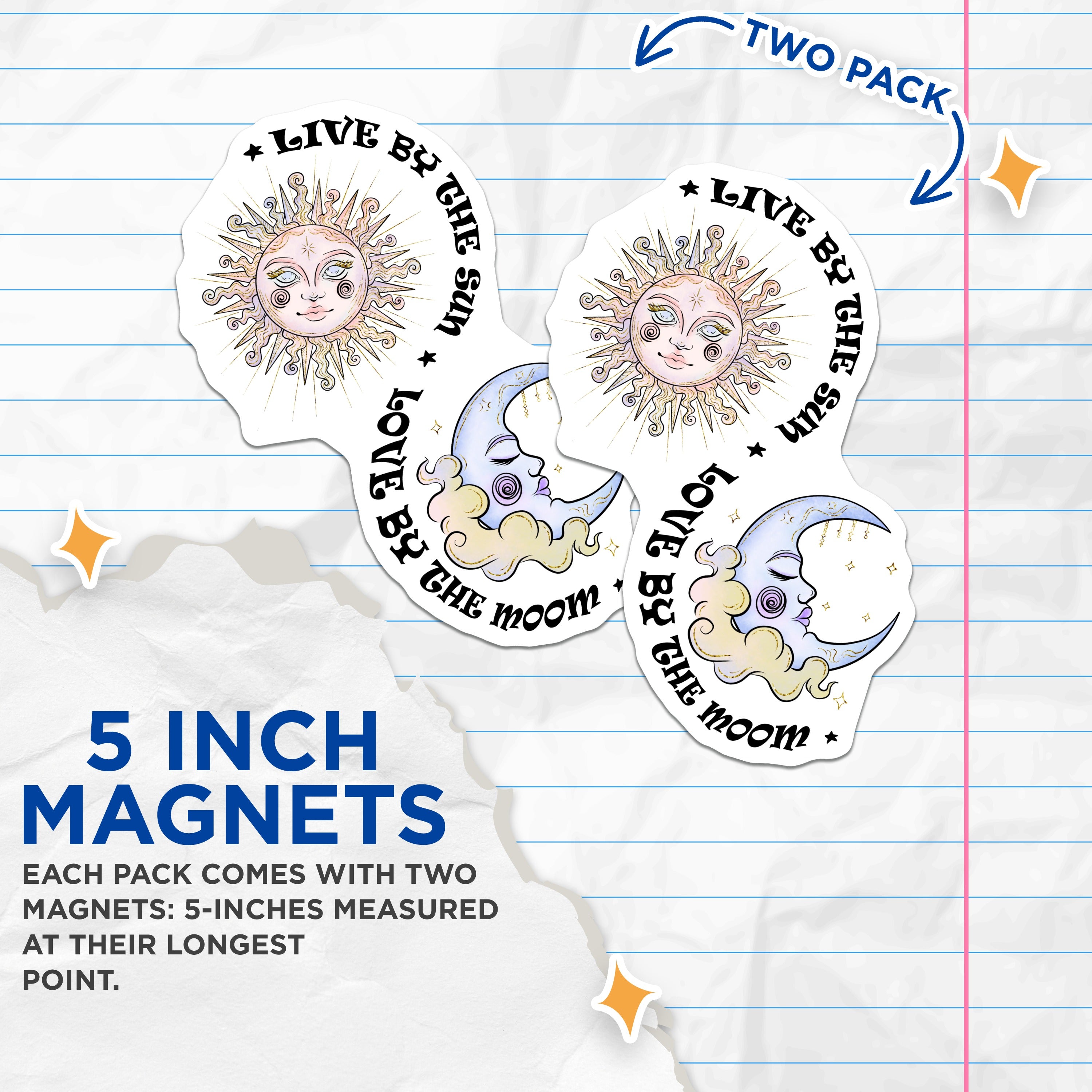 (2 Pack) Sun Moon Celestial Magnets - Live by Sun Love by Moon - Boho Witchy Aesthetic Decor - 5 Inches On Longest Side - Thick Durable Magnet - Made in USA - MAG36690