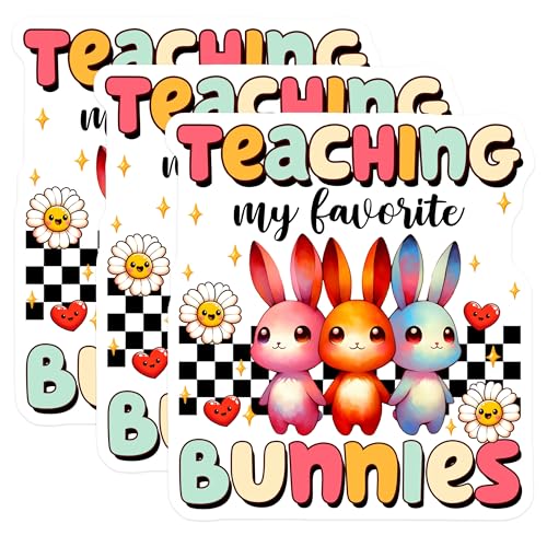 (3 Pack) Bunny Rabbit Decals - Teaching Bunnies - Cute Colorful Decal - 3 Inches On Longest Side - Easy Peel & Apply - Made in USA - 3MCS6900