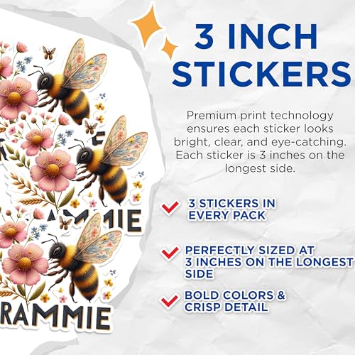 (3 Pack) Grammie Bumble Bee Decals - Floral Honey Bee - Grandma Laptop Decal - 3 Inches On Longest Side - Easy Peel & Apply - Made in USA - 3MCS1441