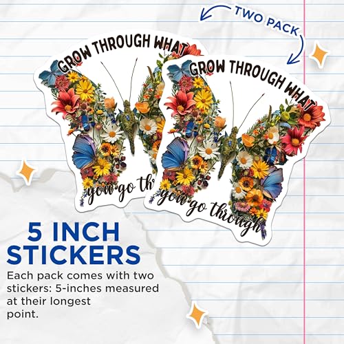 (2 Pack) Inspirational Quote Stickers - Butterfly Flower Stickers - Motivational Words Decal Collection - 5" On Longest Side - Sticks to Smooth Flat Surfaces - Made in USA - BMCS4327