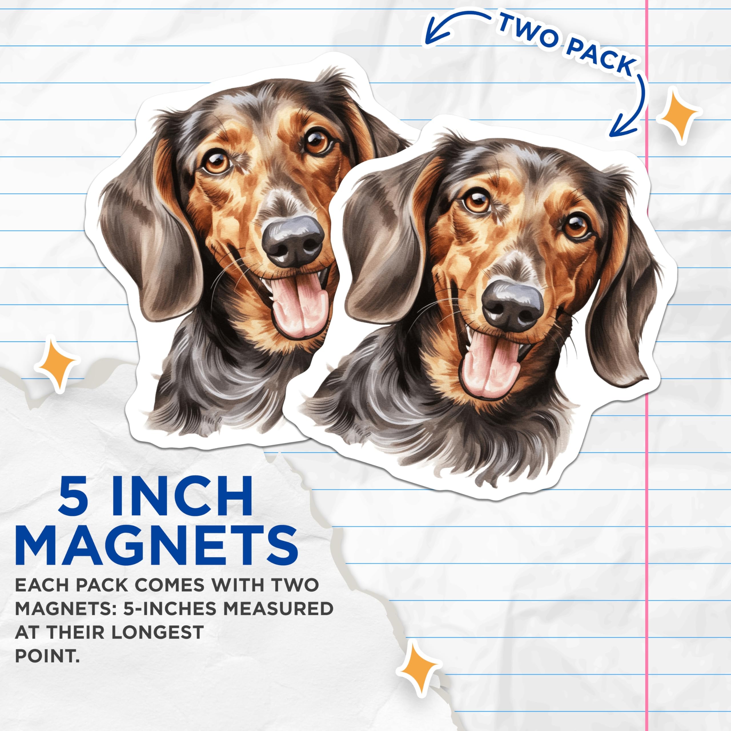 (2 Pack) Long Haired Dachshund Magnets - Happy Weiner Dog - Pet Parent Decor - 5 Inches On Longest Side - Thick Durable Magnet - Made in USA - MAG30142