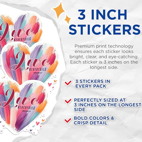 (3 Pack) Love Never Fails Decals - Inspirational Decal - Heart Decal - 3 Inches On Longest Side - Easy Peel & Apply - Made in USA - 3MCS1625