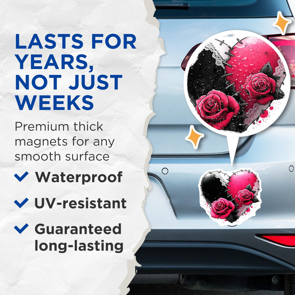 (2 Pack) Stitched Heart Magnets - Gothic Rose Design - Dark Romance Art - Alternative Decor - 5 Inches On Longest Side - Thick Durable Magnet - Made in USA - MAG23121