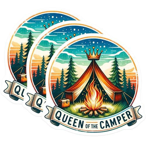 (3 Pack) Queen of Camper Decals - Camping Queen Decal - Laptop Decal Camping- 3 Inches On Longest Side - Easy Peel & Apply - Made in USA - 3MCS5552