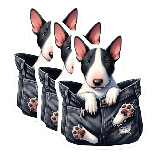 (3 Pack) Bull Terrier Decals - Pocket Dog Sticker - Puppy Love Laptop Decal - 3 Inches On Longest Side - Easy Peel & Apply - Made in USA - 3MCS2729
