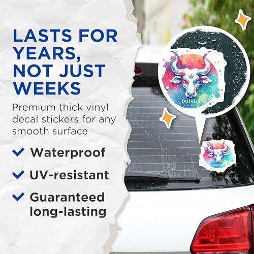 (2 Pack) Zodiac Taurus Stickers - Colorful Bull Design - Horoscope Vinyl Decal - 5" On Longest Side - Sticks to Smooth Flat Surfaces - Made in USA - BMCS6555