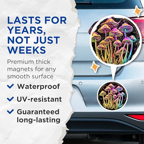 (2 Pack) Psychedelic Mushroom Art Magnets - Trippy Fridge Decor - Glow in The Dark Magnet Set - 5" On Longest Side - for Cars, Fridges, Toolboxes - Made in USA - MAG6889